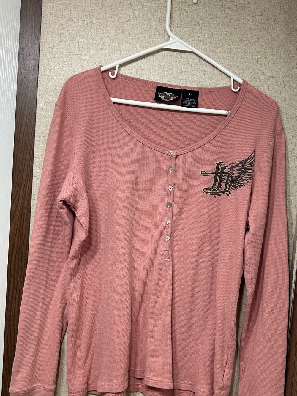 Harley-Davidson Dusty Rose Long Sleeve Henley with Wing Emblem
